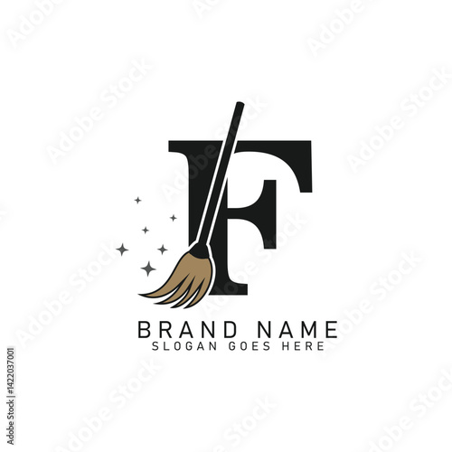 Letter F House Cleaning Broom Logo. Alphabet F Cleaning Brush Icon