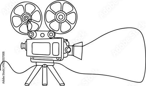 Vintage Film Camera Outline with Tripod, Reels, and Cable on White Background