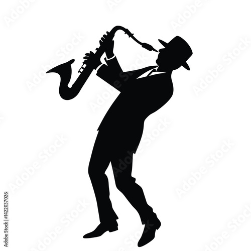 A silhouetted figure of a jazz saxophonist playing passionately, 