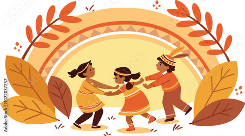Autumnal Circle of Friendship: Three diverse children, adorned in festive attire, frolic within a vibrant autumnal scene under the gentle arch of a rainbow, celebrating the warmth of friendship. 