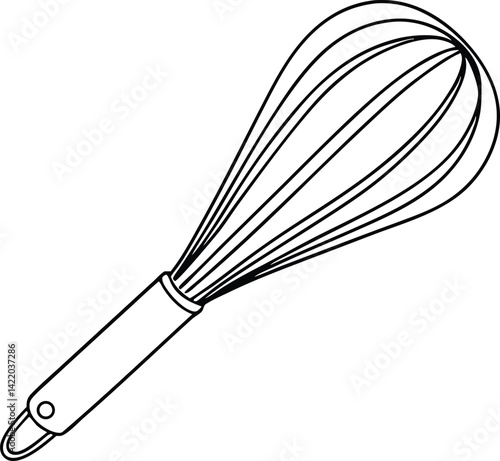 Wire Whisk Outline Illustration, Metal Cooking Utensil, Kitchen Tool with Handle Isolated