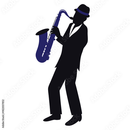 A silhouetted figure of a jazz saxophonist playing passionately, 