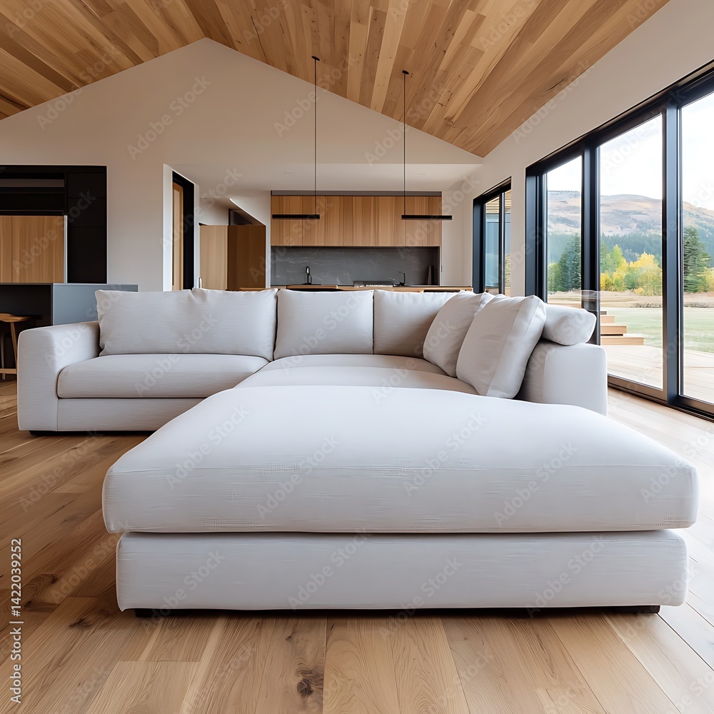 Bright Interior View: White Sectional Sofa, Wooden Accents, Natural Light, and Window View of Rolling Landscape.