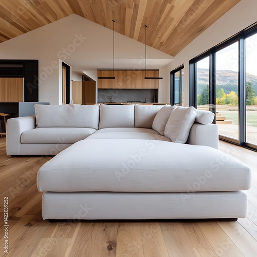 Obraz na płótnie Bright Interior View: White Sectional Sofa, Wooden Accents, Natural Light, and Window View of Rolling Landscape. w salonie