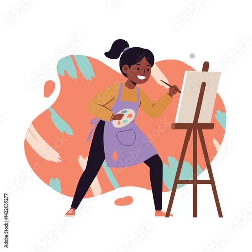 Young woman painting on canvas with easel and palette in creative art studio environment 