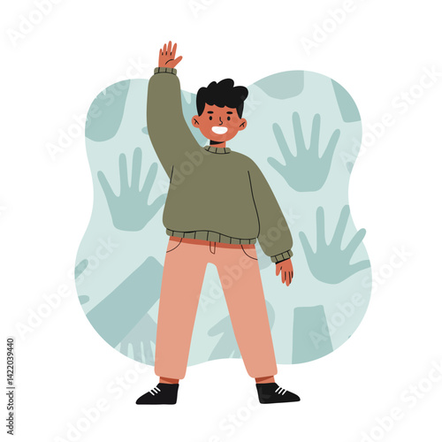 Smiling boy waving hand in casual outfit with abstract handprints background illustration 