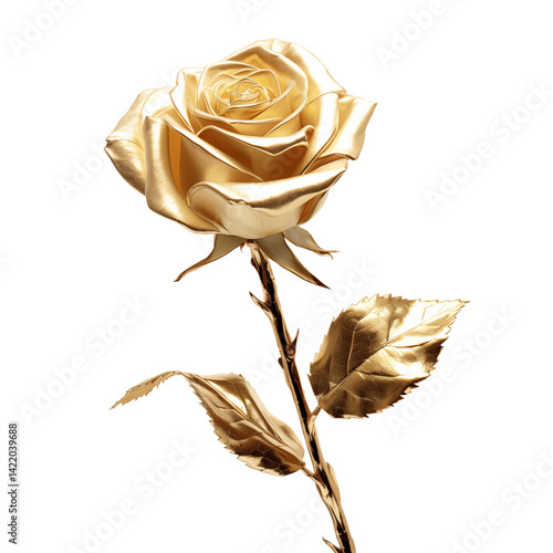 A detailed close up of a golden rose with leaves and stem on a black isolated background png