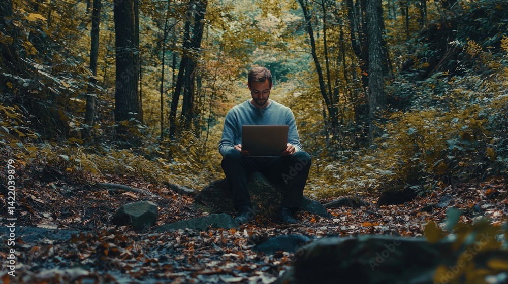 Fototapeta premium Focused man working on laptop in a serene forest setting.