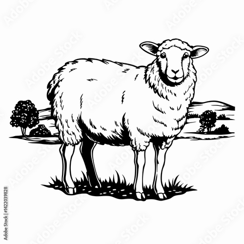 Black and white illustration of a sheep standing in a grassy field with trees in the background, representing nature and pastoral life.