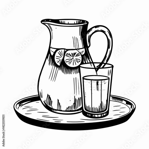 Refreshing lemonade pitcher with glass on a tray, beautifully illustrated, representing summer enjoyment and thirst-quenching moments.