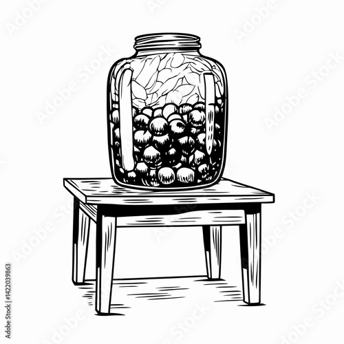 Artistic Black and White Illustration of a Jar Filled with Spheres on a Rustic Wooden Table Representing Preservation and Homemade Goodness
