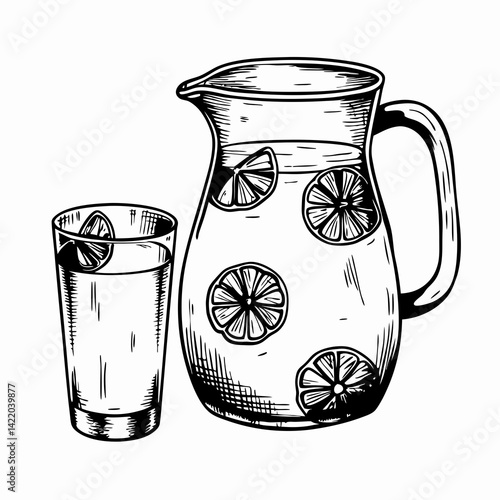 Refreshing pitcher of lemonade with sliced lemons and a glass, illustrated black and white style, representing summer hydration and enjoyment.