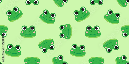 cute frog  faces on green background seamless pattern print design vector illustration