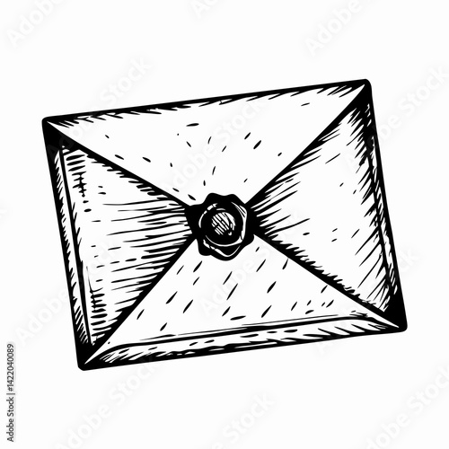 Vintage envelope sealed with wax showcasing intricate design, representing nostalgia and timeless communication in a simple artistic style.