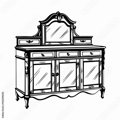 Elegant vintage wooden sideboard featuring a mirror and multiple drawers, depicted in a classic black and white style, symbolizing timeless furniture design.