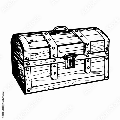 Wooden treasure chest illustration showcasing detailed craftsmanship, representing adventure and hidden treasures in a vintage, artistic style.