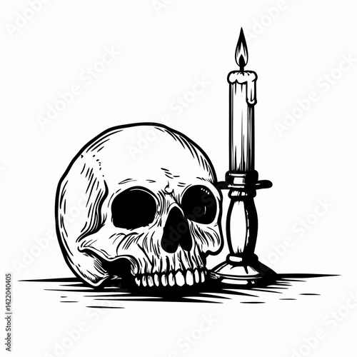 Skull and Candle: A Haunting Still Life Composition Representing Mortality and Reflection