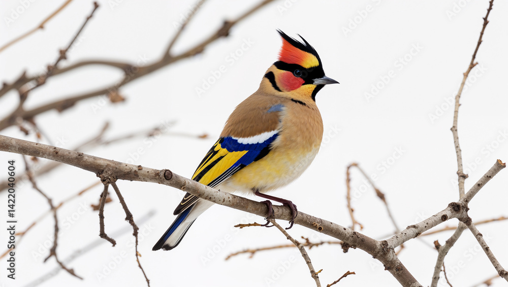Obraz premium Bohemian Waxwing Bird Perched On A Branch With Colorful Plumage In Winter