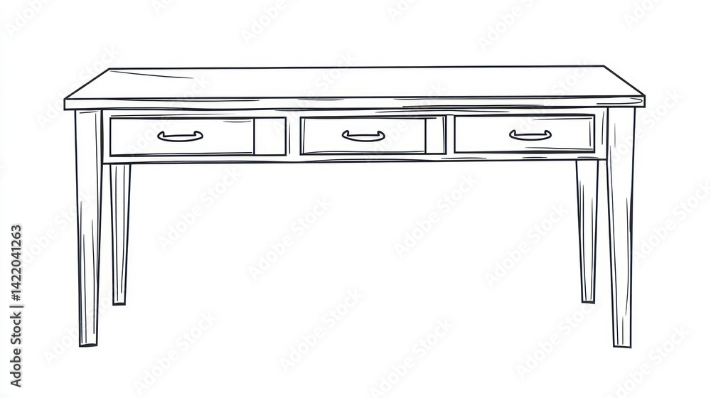Simple Outline Drawing of a Wooden Desk with Three Drawers Simple Outline Drawing of a Wooden Desk with Three Drawers