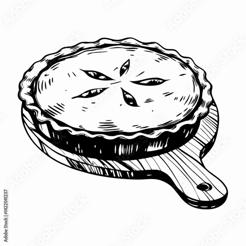 Deliciously baked pie on a wooden board showcasing intricate design, symbolizing homemade comfort food perfect for gatherings and celebrations.