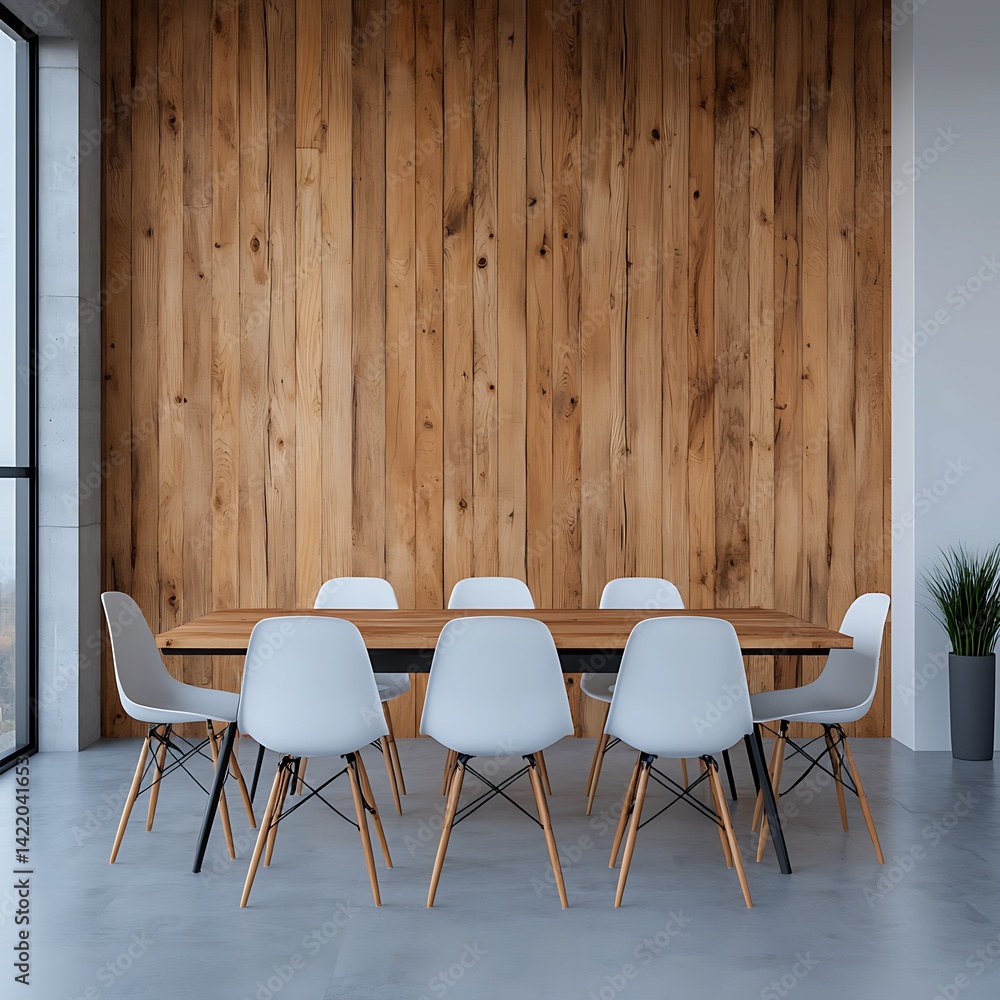 Contemporary Dining Room Design with Wood Wall, Modern Furniture, and Natural Light Enhancing the Interior Space.