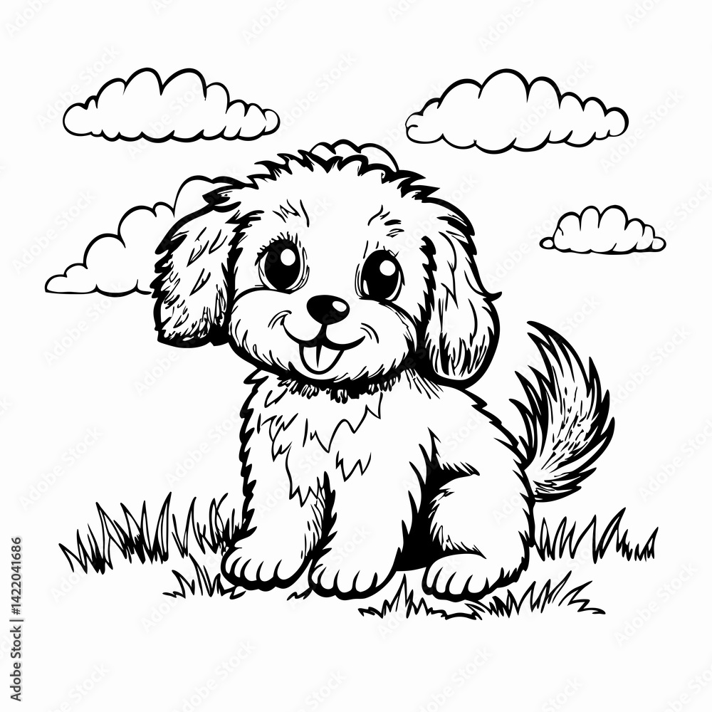 Cute puppy smiling joyfully amidst fluffy clouds and green grass, representing companionship and happiness in a whimsical, cartoonish style. Cute puppy smiling joyfully amidst fluffy clouds and green grass, representing companionship and happiness in a whimsical, cartoonish style.