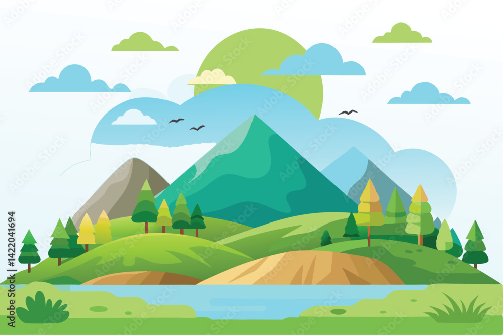 Obraz premium Flat Landscape with Hills and Birds