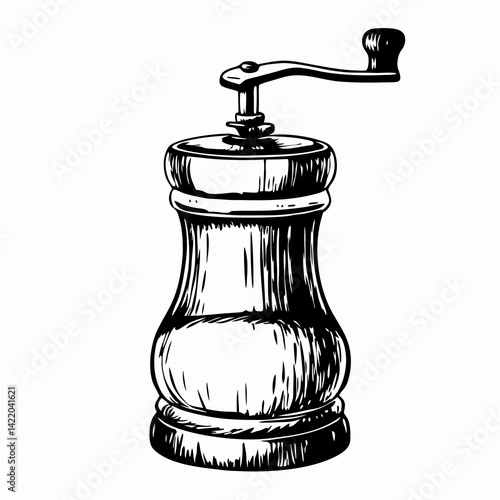 Vintage wooden coffee grinder showcasing intricate design details against a minimalist white background, representing culinary tradition and craftsmanship.