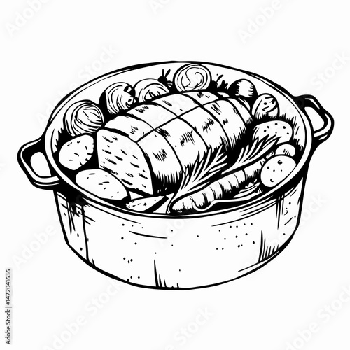 Delicious Roast Meal Preparation in a Pot with Vegetables and Herbs Representing Comfort and Home Cooking