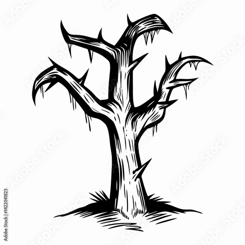 Lifeless tree stands starkly against a blank background, symbolizing decay and desolation, often associated with themes of neglect and loneliness.