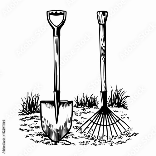 Gardening Tools Displayed in a Black and White Illustration, Featuring a Shovel and Rake on Grass, Symbolizing Outdoor Work and Nature Enthusiasm