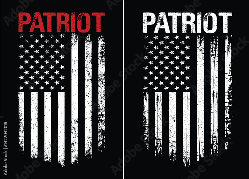 Distressed Vertical American Flag with Patriot Typography. Grunge USA Flag Design with Bold Patriot Text