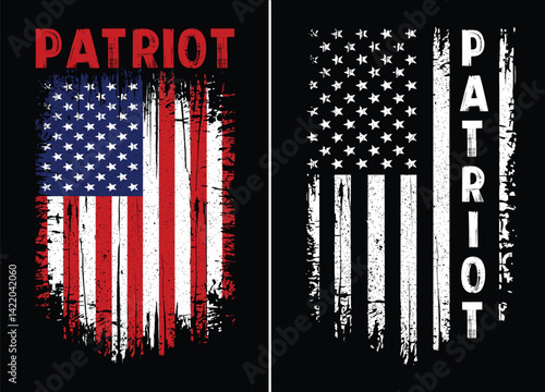 Grunge American Flag with Bold Patriot Text. Distressed Vertical USA Flag with Patriotic Typography