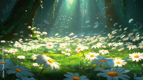 Sunlight streams through a forest glade, blanketed in daisies.