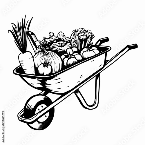 Illustration of a Wheelbarrow Filled with Fresh Vegetables, Representing Gardening and Harvest Abundance in a Simple Monochrome Style