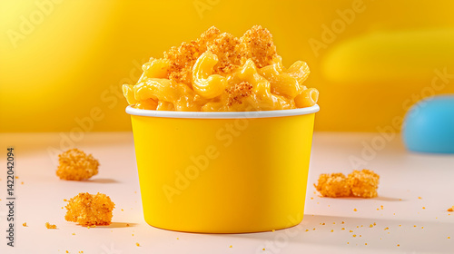 Creamy Mac and Cheese in Yellow Cup with Crispy Crumbs