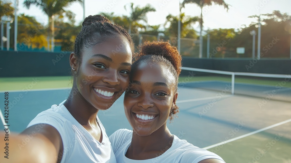 Smiling friends taking a selfie on a tennis court.