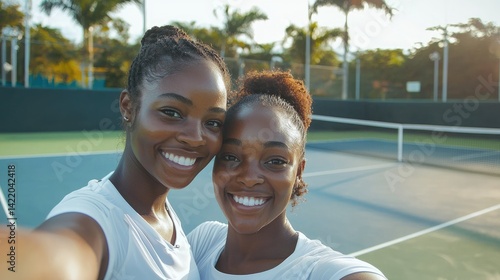 Obraz na płótnie Smiling friends taking a selfie on a tennis court. w salonie