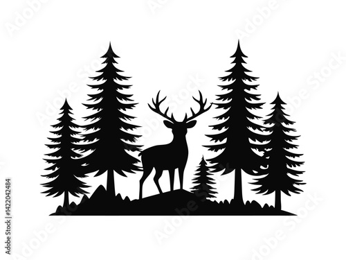 Silhouette of a deer with pine trees and forest scenery. Rainder and forest scenery, Deer with pine trees and forest silhouette vector
