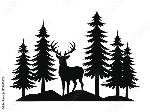 Silhouette of a deer with pine trees and forest scenery. Rainder and forest scenery, Deer with pine trees and forest silhouette vector