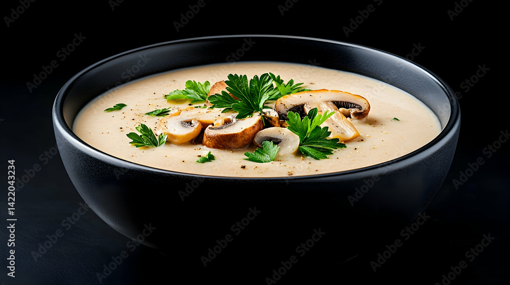 Creamy Mushroom Soup in Black Bowl Creamy Mushroom Soup in Black Bowl