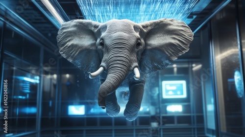 An elephant flying through a room. The elephant is surrounded by a blue light and he is in a futuristic setting