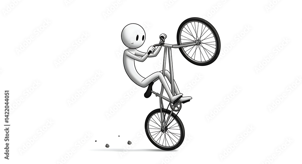 Naklejka premium Stick Figure Doing a Wheelie on Bike Illustration