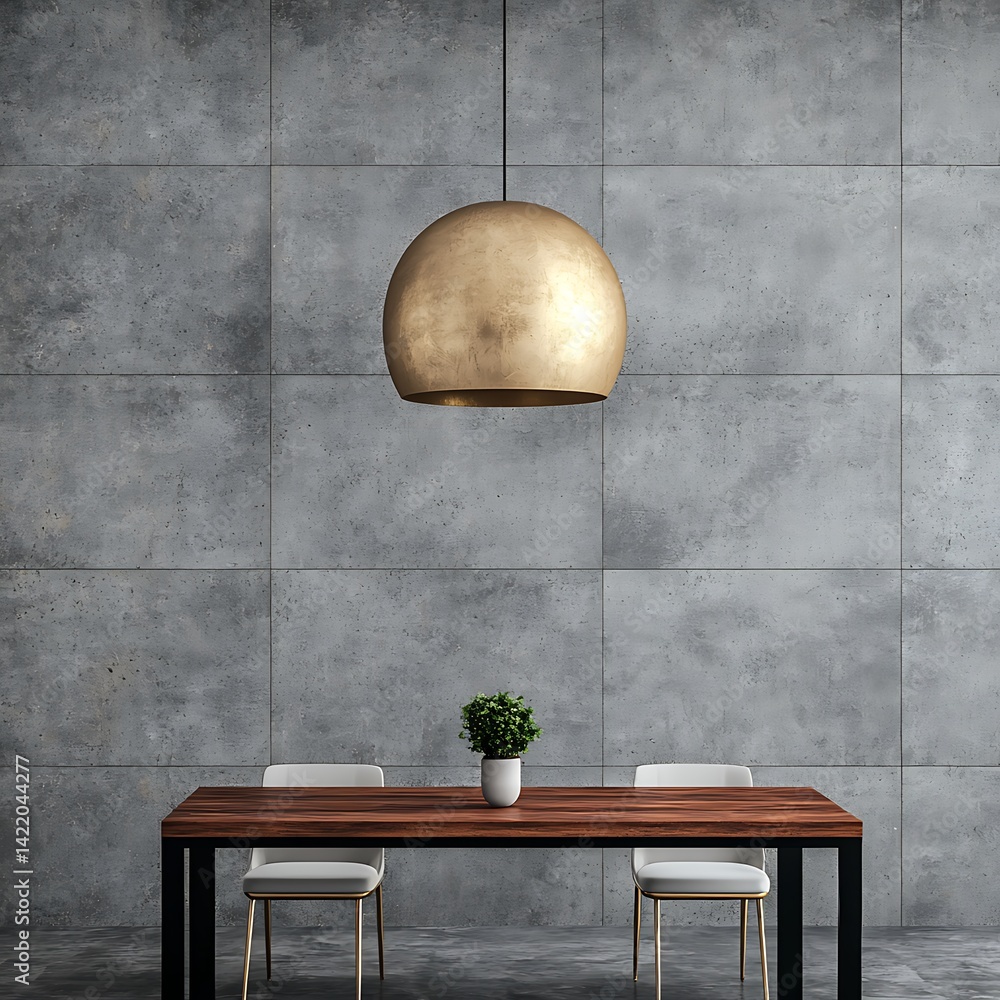 Minimalist Dining Area: Warm Wood Table, Modern Chairs, Golden Pendant Light, and Concrete Wall Design Elements.