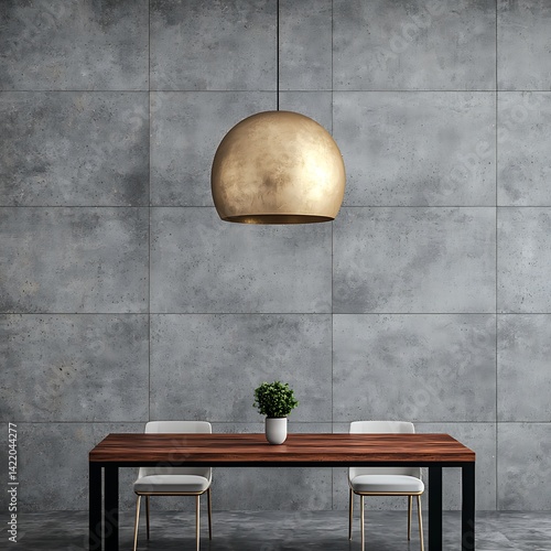 Obraz na płótnie Minimalist Dining Area: Warm Wood Table, Modern Chairs, Golden Pendant Light, and Concrete Wall Design Elements. w salonie