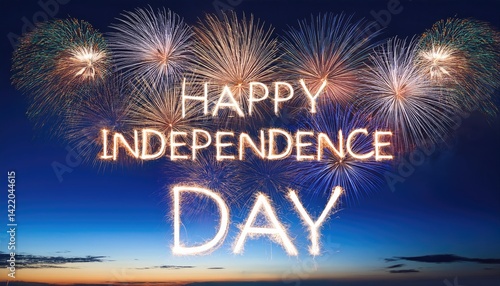 Sparkler independence day text colorful firework illumination on twilight dark blue sky background
