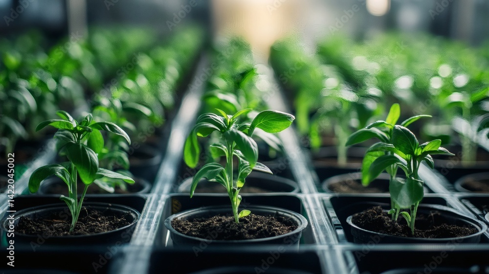 Seedlings growing in greenhouse, indoor farming, plant cultivation, sustainable agriculture Seedlings growing in greenhouse, indoor farming, plant cultivation, sustainable agriculture