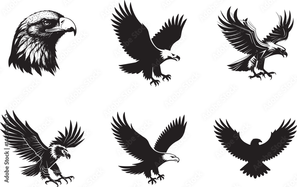 Fototapeta premium Eagle Silhouettes Set Vector Illustration