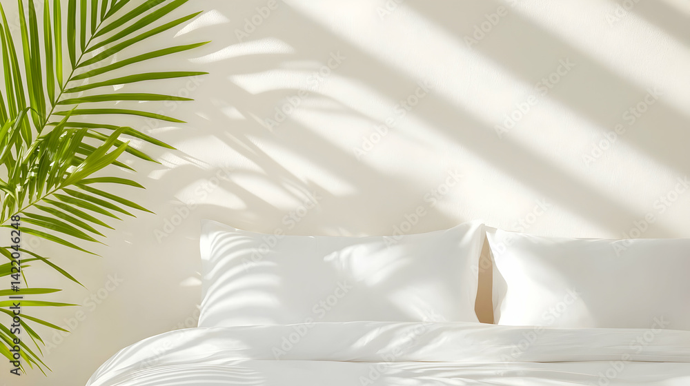 Bright Sunlight Illuminates White Bedroom with Palm Plant Bright Sunlight Illuminates White Bedroom with Palm Plant
