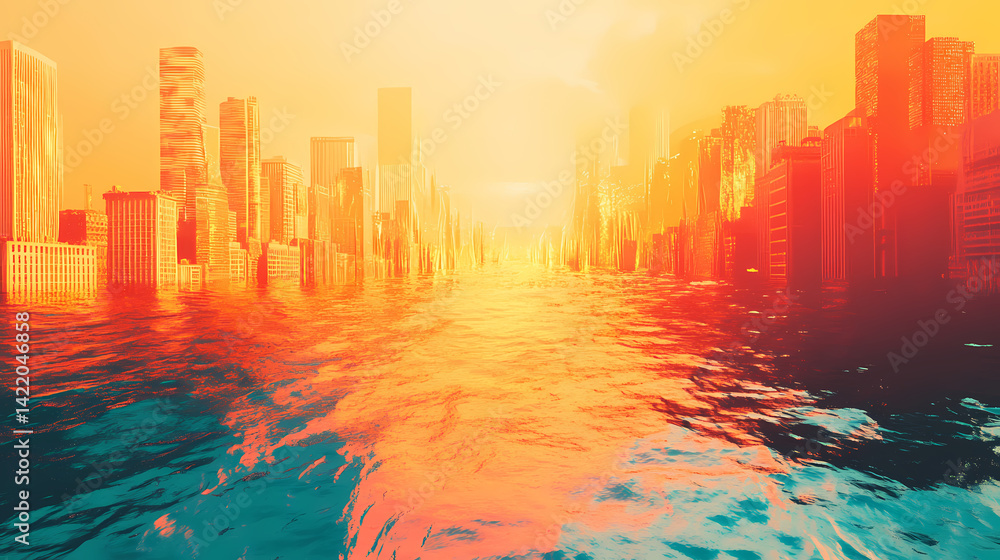 Heatwave in a city, with mirage effects visible on the hot asphalt generative ai. Mirage Flood. Illustration